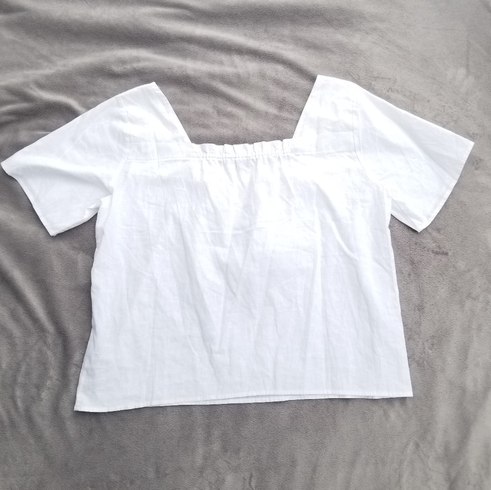 Saks Fifth Avenue Linen Shirt Women's XL White Top Blouse Cottage Beachy Summer - Picture 8 of 10